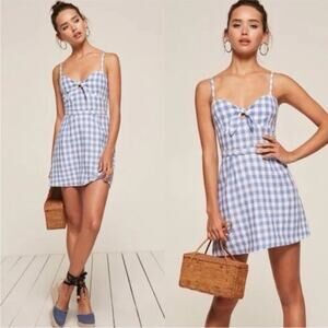 Reformation Beliz Linen Coastline Blue White Gingham Mini Dress NWT Size 4